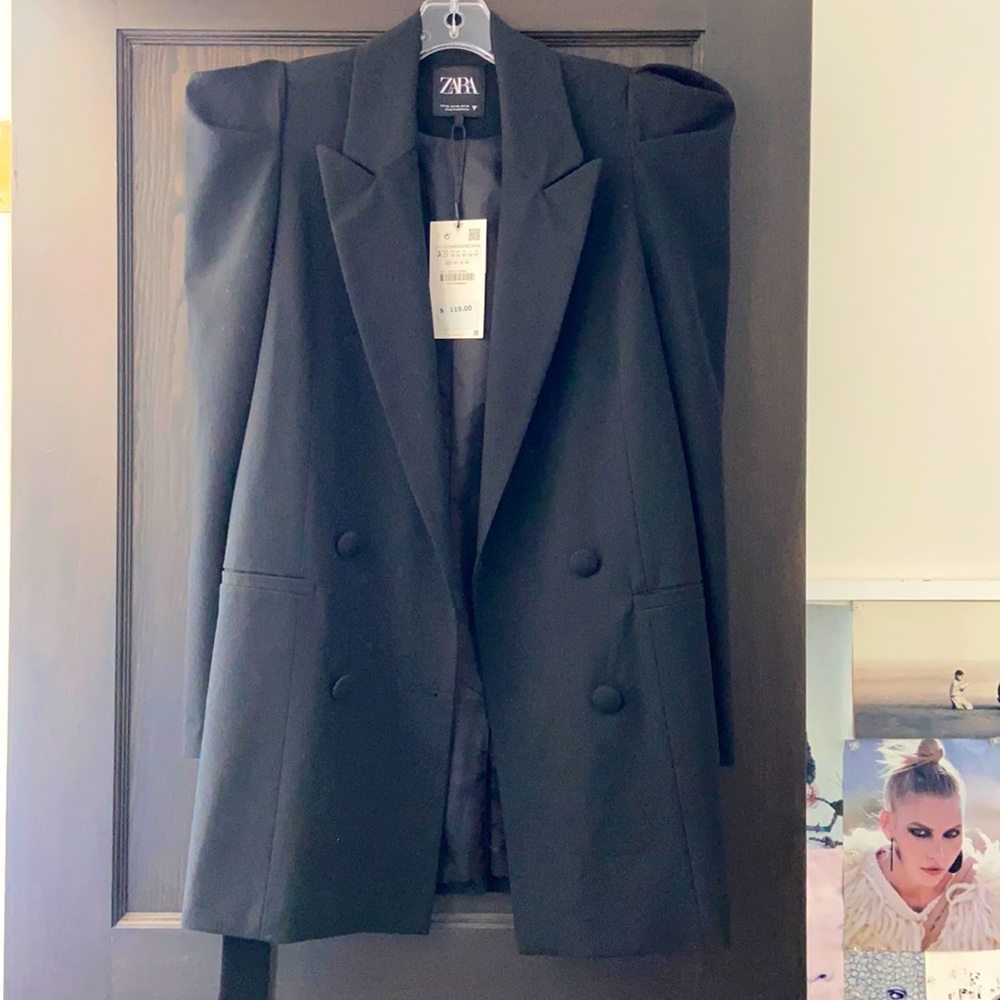 Zara Black Puff Sleeve Blazer with belt sz XS